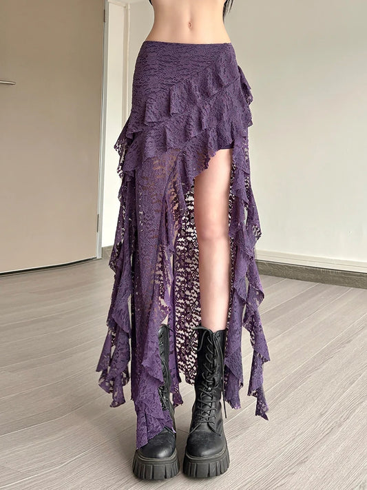 Irregular Ruffles Lace Patchwork Skirt