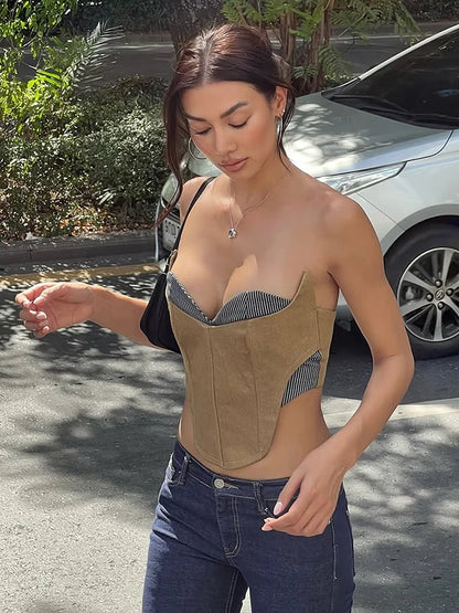 Khaki Patchwork Corset Top
