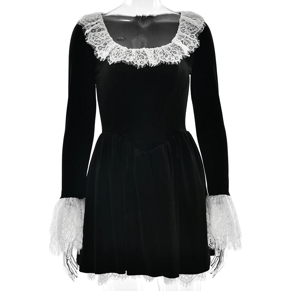 Patchwork Square Collar Lace Dress Black Flare Sleeve French Dress Slim