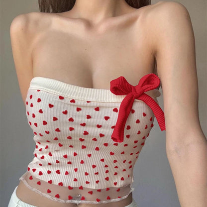 Red Strapless Polka Dot Lace Crop Top