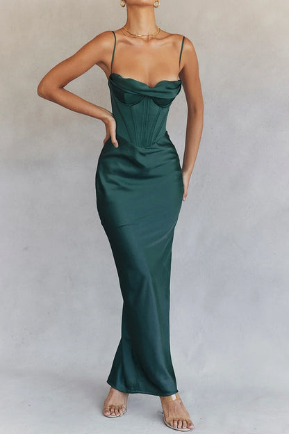 Satin Maxi Bodycon Dress - Corset Style Evening Dress dark green