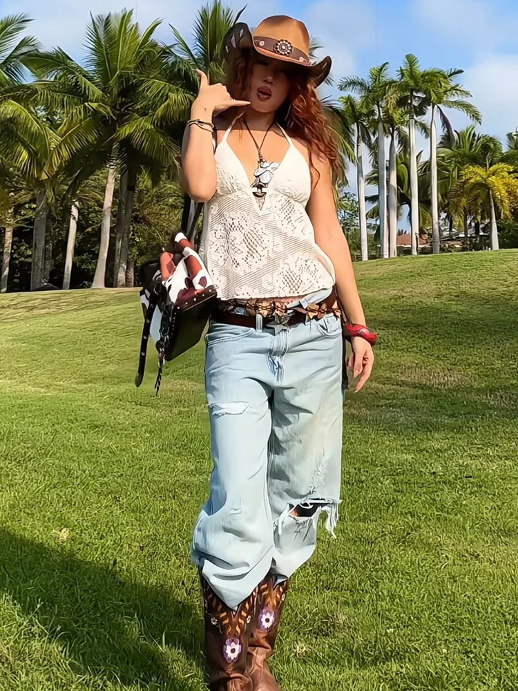Ring Camisole Y2K See Through Hollow Lace-Up Halter Sleeveless Backless tie Tank Top