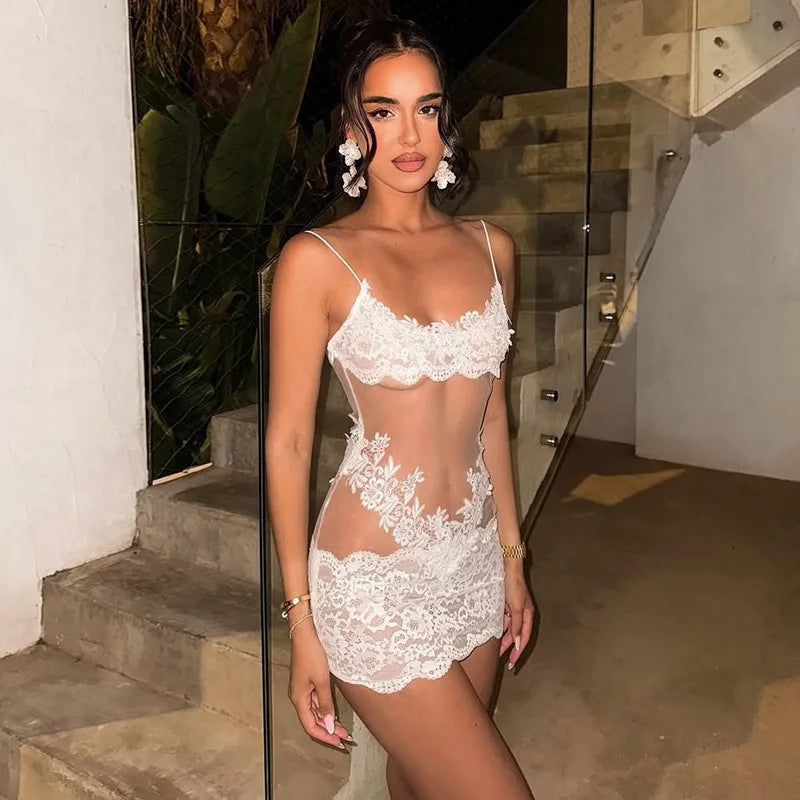 See Through Lace Mesh Backless Mini Dress