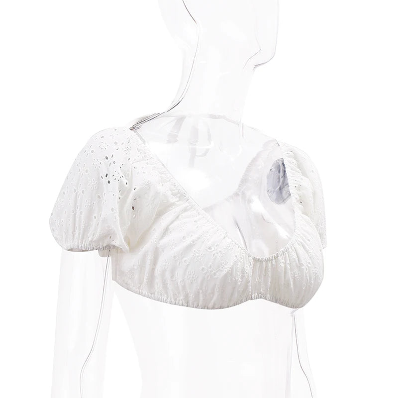Low-cut Puff Short Sleeve Crop Top Flower Hollow Out T Shirt Backless White Camis
