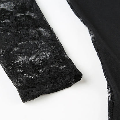Lace Patchwork Slim Fit Crewneck Tee Black Top