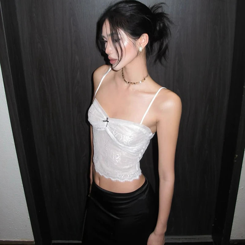 Lace Lace Patchwork Backless Camiole Small Tank Top Bow Decorative Veratile Top