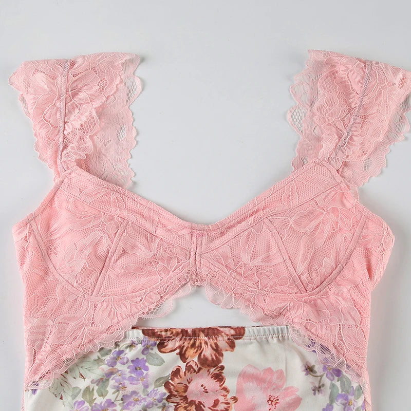Floral Lace Patchwork Hollow Out Slits Dress Harajuku Long