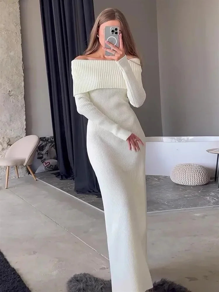 Knit Long Dress Off-Shoulder Ribbed Loose High Waist Dress Ladies Knit Maxi Dress