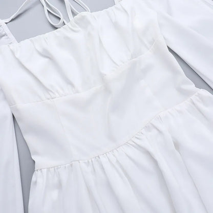 Square Collar Hollow Out Mini Dress - White Long Sleeve