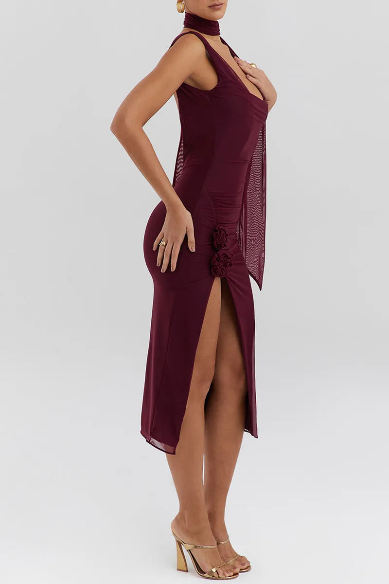 Wine Split Backless Midi Dress