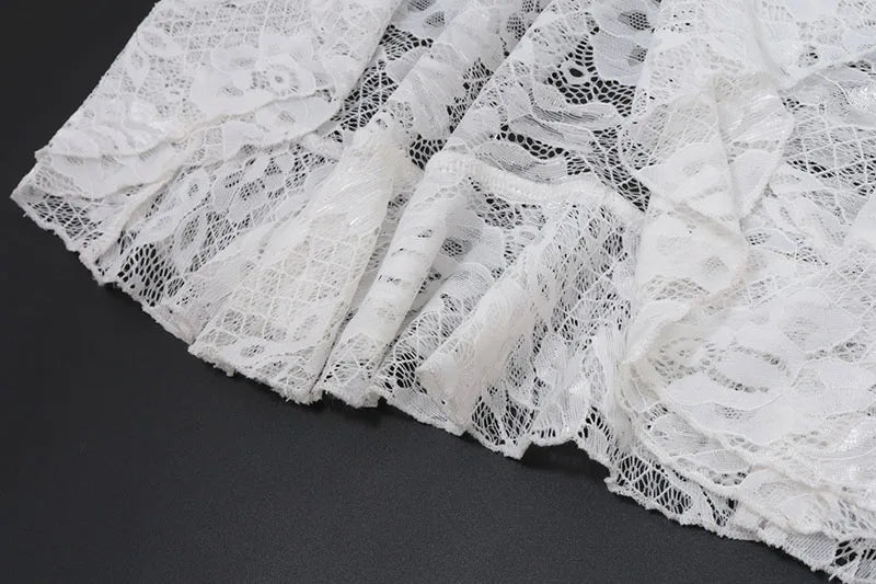 White Lace Ruffle Chiffon V-Neck Slit Long Dress