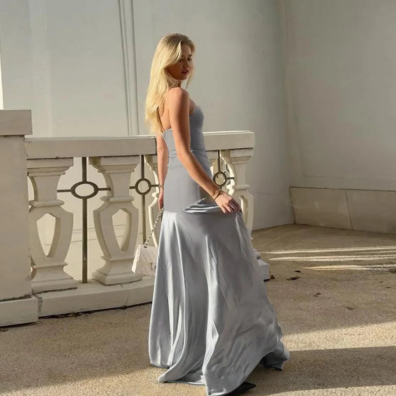 Gray Satin Strapless Backless Maxi Flowy Dress