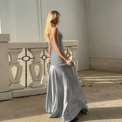 Gray Satin Strapless Backless Maxi Flowy Dress