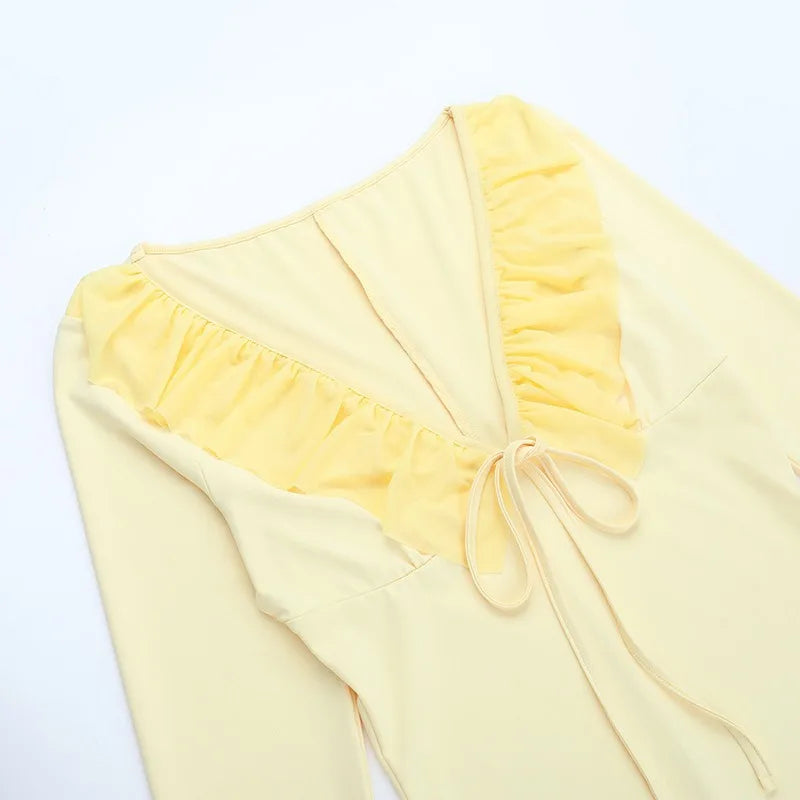 Yellow Ruffled V-Neck Long Sleeve Maxi Dress