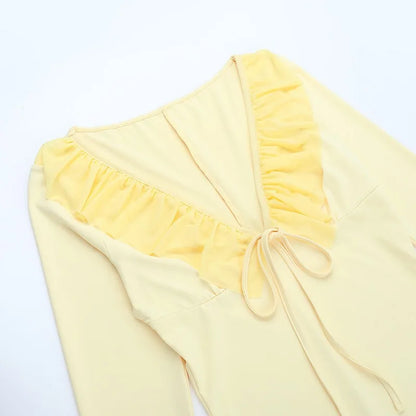 Yellow Ruffled V-Neck Long Sleeve Maxi Dress