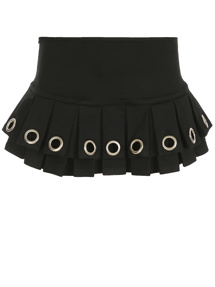 Black Low Waisted Pleated Mini Skirt