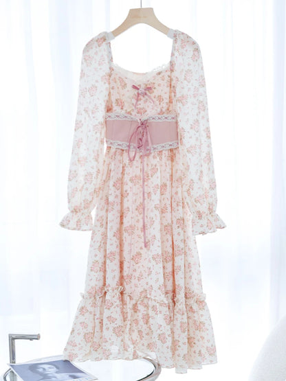 Spring Pink Floral A-Line Dress with Lace Detail Pink
