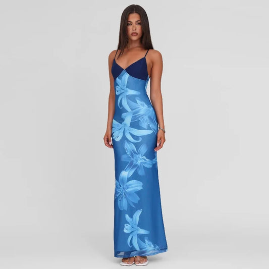 Blue Floral V-Neck Bodycon Midi Dress