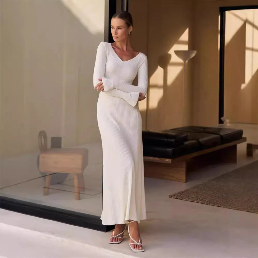 V-Neck Ribbed Knit Dress Patchwork Ruffled Slim High Waist Long Sleeve Bodycon Dress Knit Vintage Maxi Dress