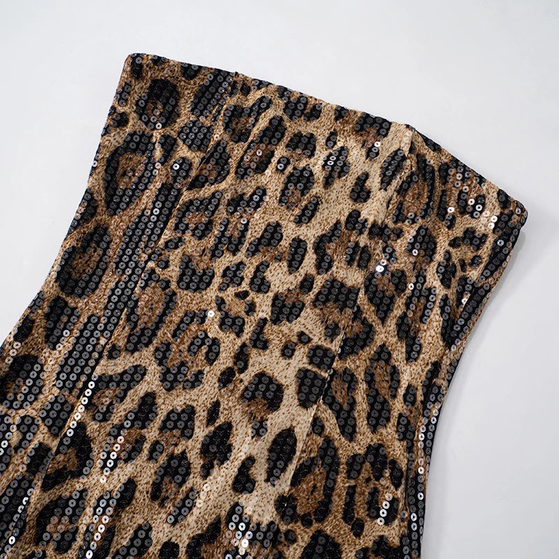 Leopard Strapless Sequins Backless Mini Dress