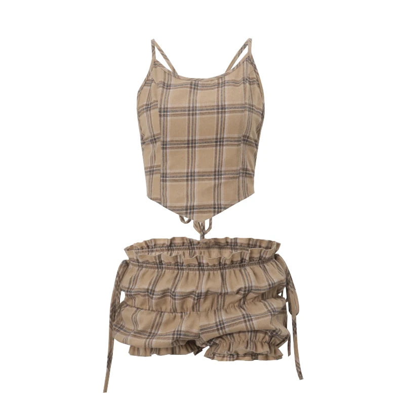 Khaki Plaid Backless Sleeveless Top And Ruffle Shorts Two Piece Set