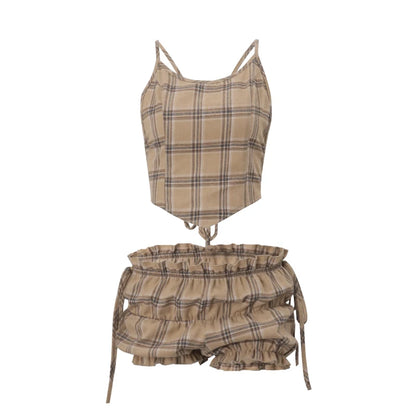 Khaki Plaid Backless Sleeveless Top And Ruffle Shorts Two Piece Set