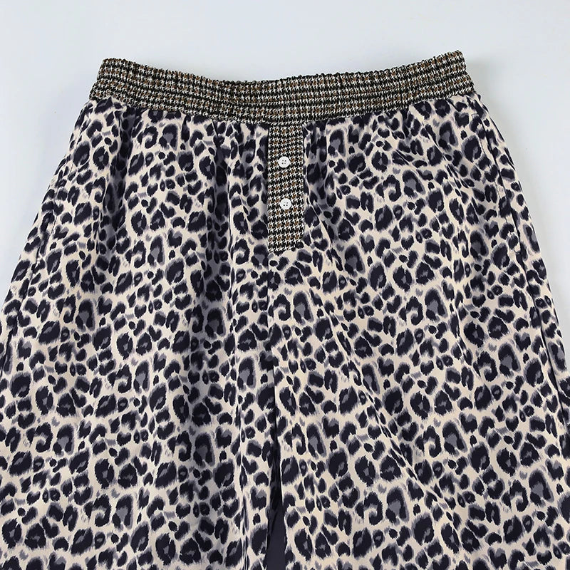 Leopard Patchwork Straight Pant Elatic Wait Trouer Baggy Bottom