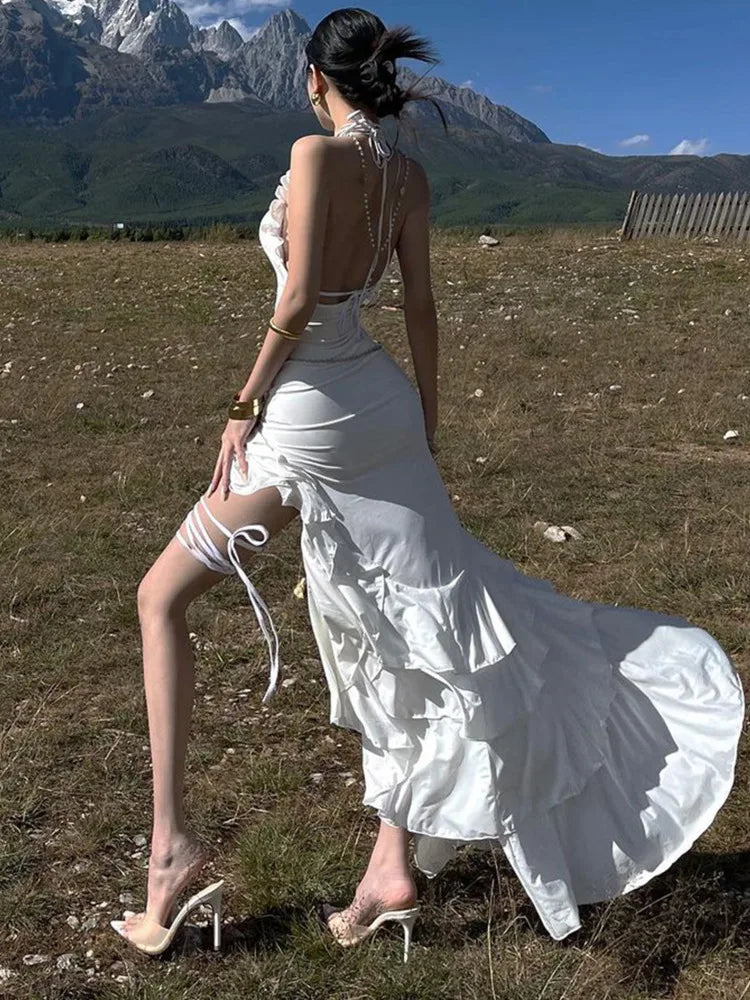 White Backless Ruffle Long Dress