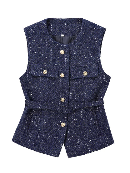Sequin Twe Vest Coat with Belt - O Neck Sleeveless Jacket