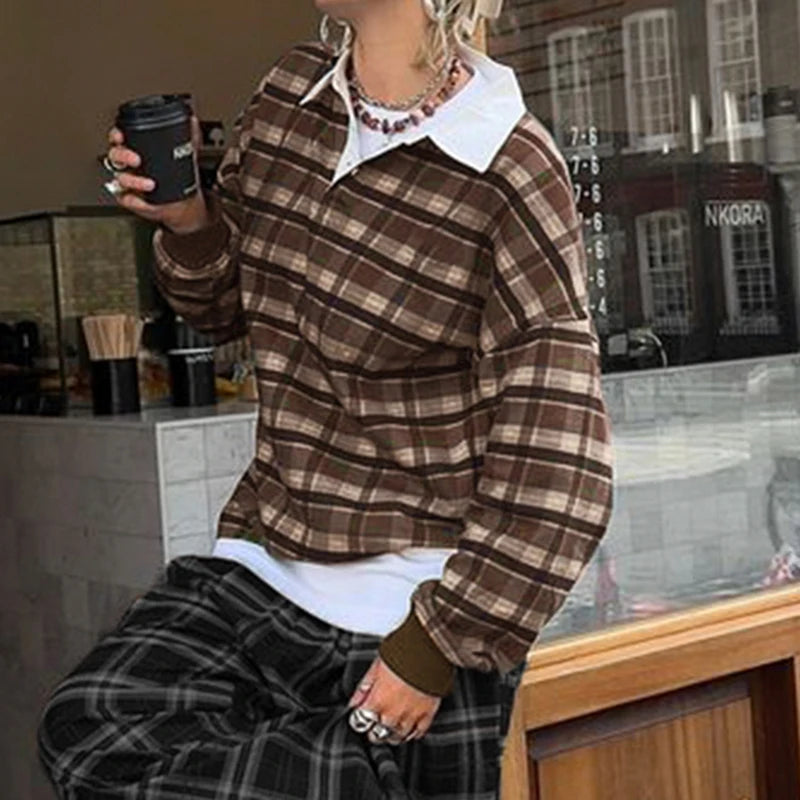 Retro Plaid Pullovers Turn-down Collar Loose Sweatshirts Brown