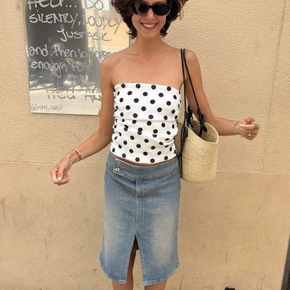 White Backless Slim Ruched Polka Dot Tank Top
