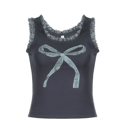 Bow Print Sweet Camisole with Lacework and Square Collar Blue