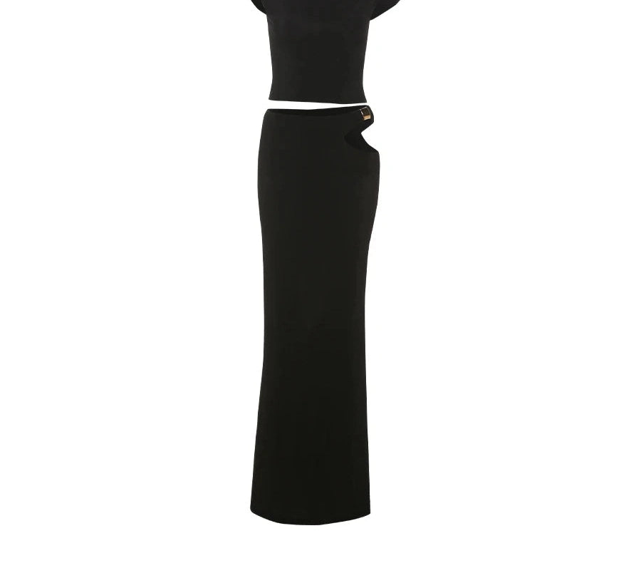 Metallic Knot Two Piece Set Skew Collar Crop Top Hollow Irregular Long Skirt Matching Suits