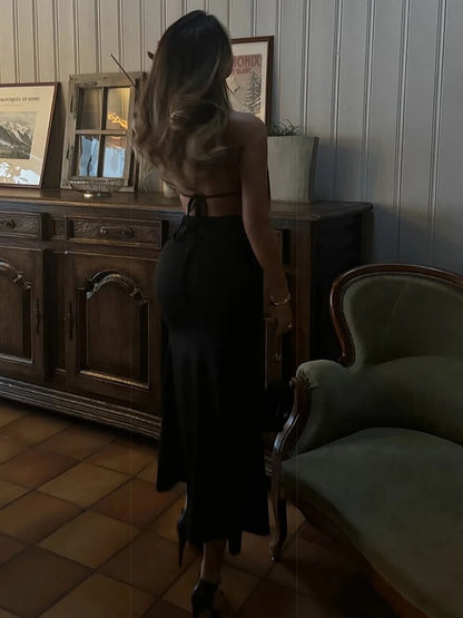 Black Halter Backless Patchwork Midi Dress