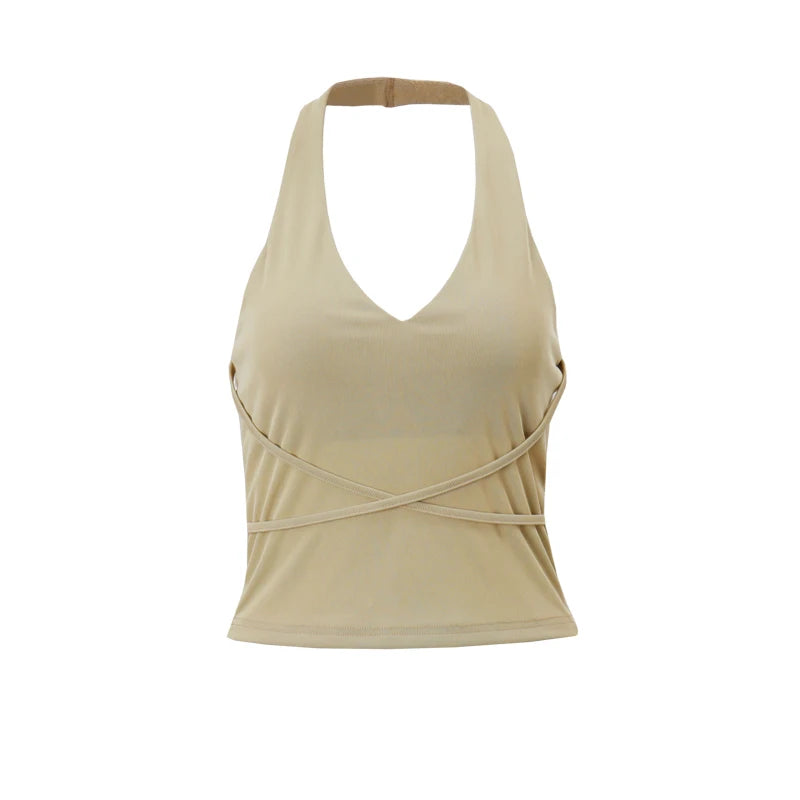 Khaki Backless Sleeveless Halter Tank Top