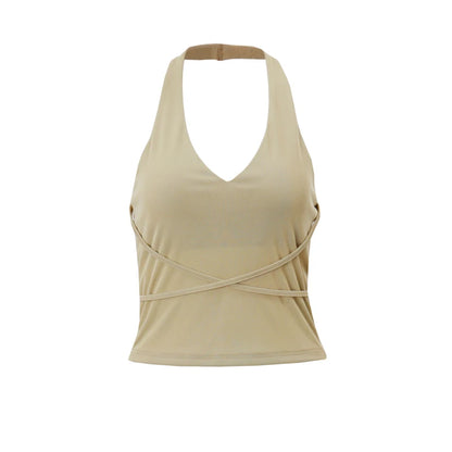 Khaki Backless Sleeveless Halter Tank Top