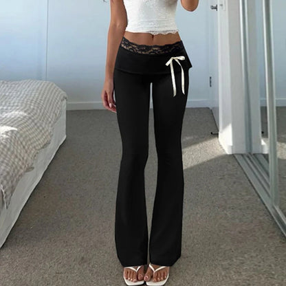 Lace Patchwork Bow Straight Pants - Stylish Joggers