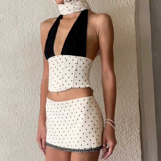 White Polka Dot Deep V-Neck Corset Top and Mini Skirt Set