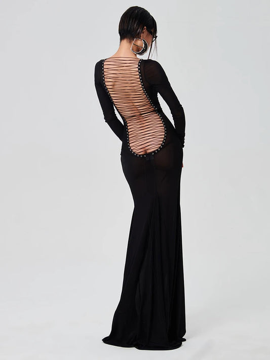 See Through Maxi Backless Back Straps Dress