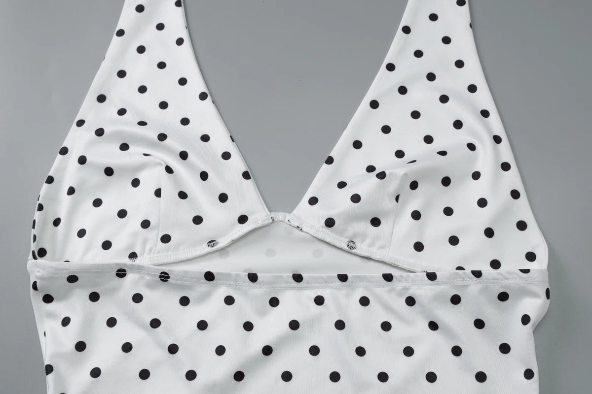 White Halter Sleeveless Backless Slim Polka Dot Top