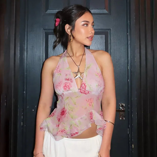 Pink Floral See Through Mesh Ruffled V-Neck Backless Top