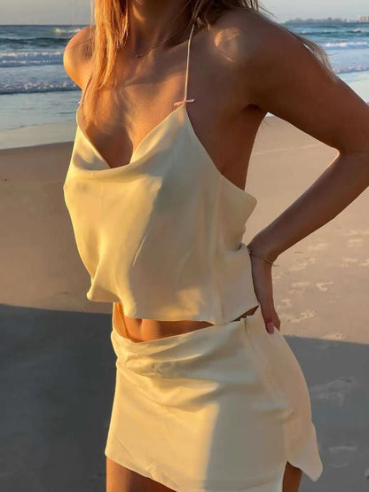 Chic Two Piece Set: Halter Top & Ruffled Mini Skirt