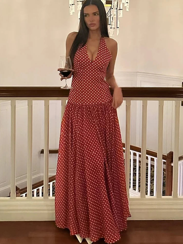 Red Polka Dot Halter Backless A-Line Maxi Dress