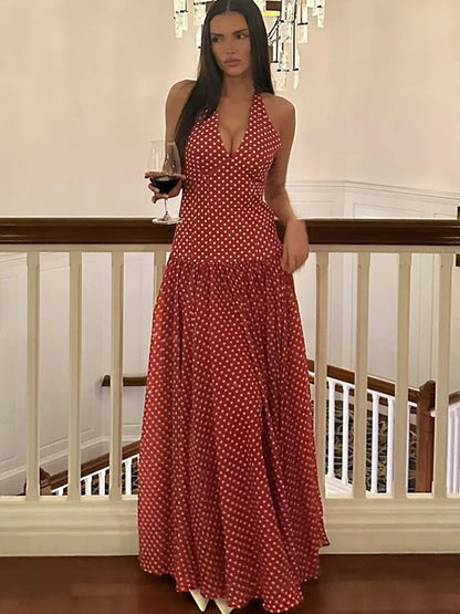 Red Polka Dot Halter Backless A-Line Maxi Dress
