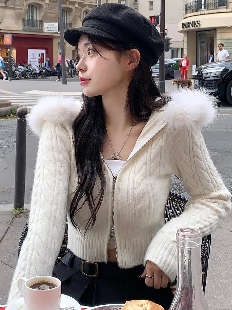 Zip Up Hoodie Coat with Fur Neck