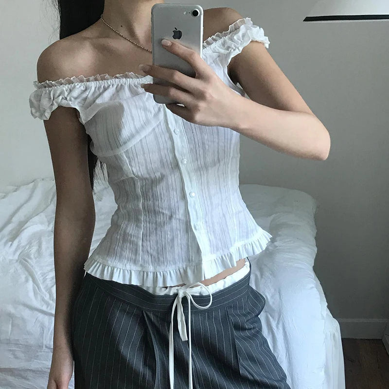 White Ruched Lace Top