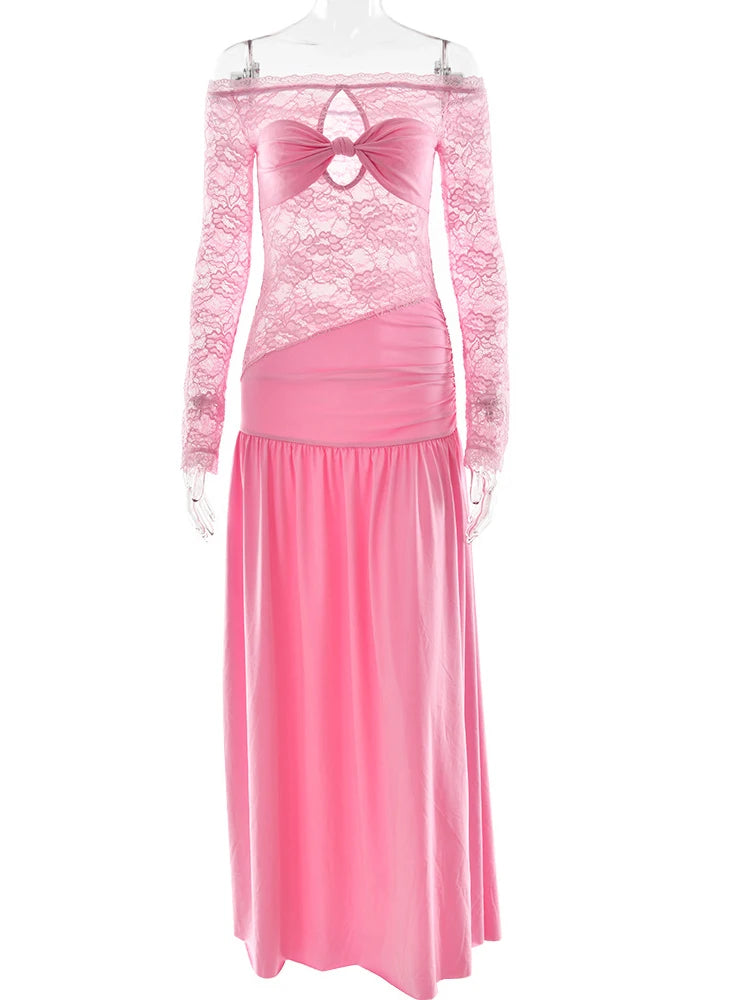 Patchwork Strapless Hollow Out Lace Maxi Dress Long Sleeve High Slit Dress