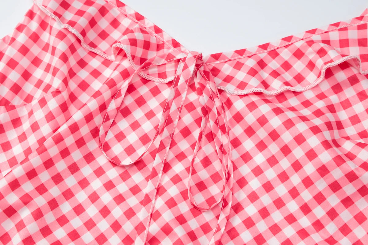 Red V-Neck Sleeveless Backless Plaid Long Dress