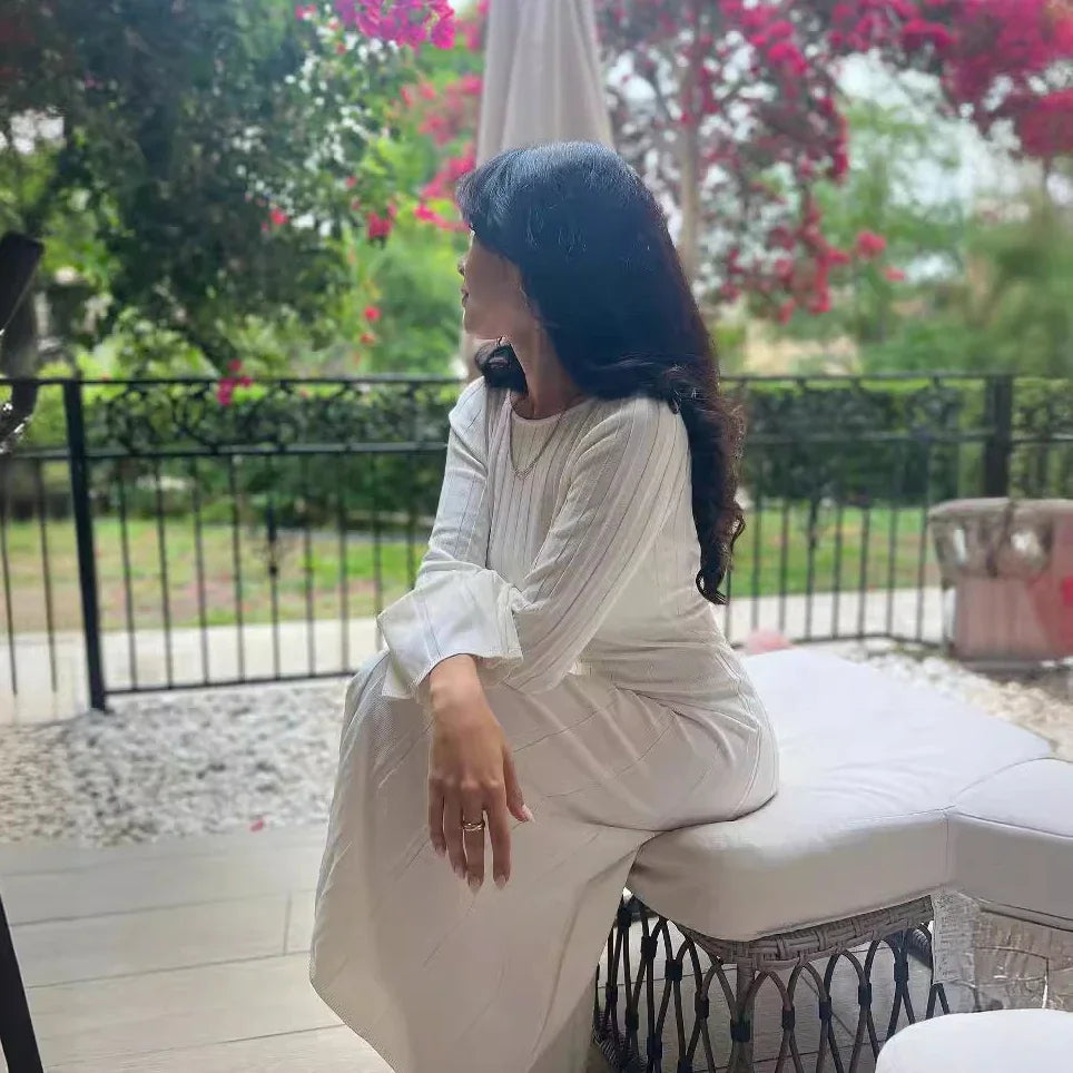 Ribb Knit Dress White Flare Sleeve Long Sleeve Bodycon Dress Backless Maxi Dress