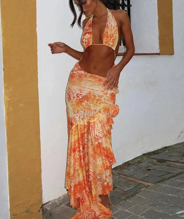 Orange Ruched Ruffles Two Piece Set